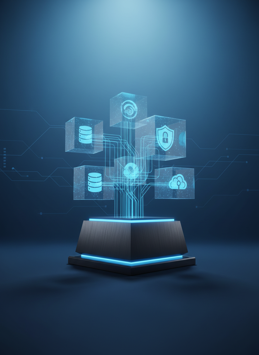 A sophisticated server and cloud technology concept scene with transparent holographic cubes and glowing blue network lines emerging from a dark gray pedestal. The cubes appear to float in midair, each containing abstract icons suggesting databases, cybersecurity shields, and cloud symbols. The background is a smooth gradient from deep navy to soft azure, with subtle geometric patterns hinting at circuits. Dramatic side lighting creates gentle highlights on the holographic elements and soft shadows on the pedestal. Photographic realism with a slightly low angle, emphasizing scale and depth, conveys secure, cutting-edge cloud and infrastructure solutions in a minimalist, corporate aesthetic.