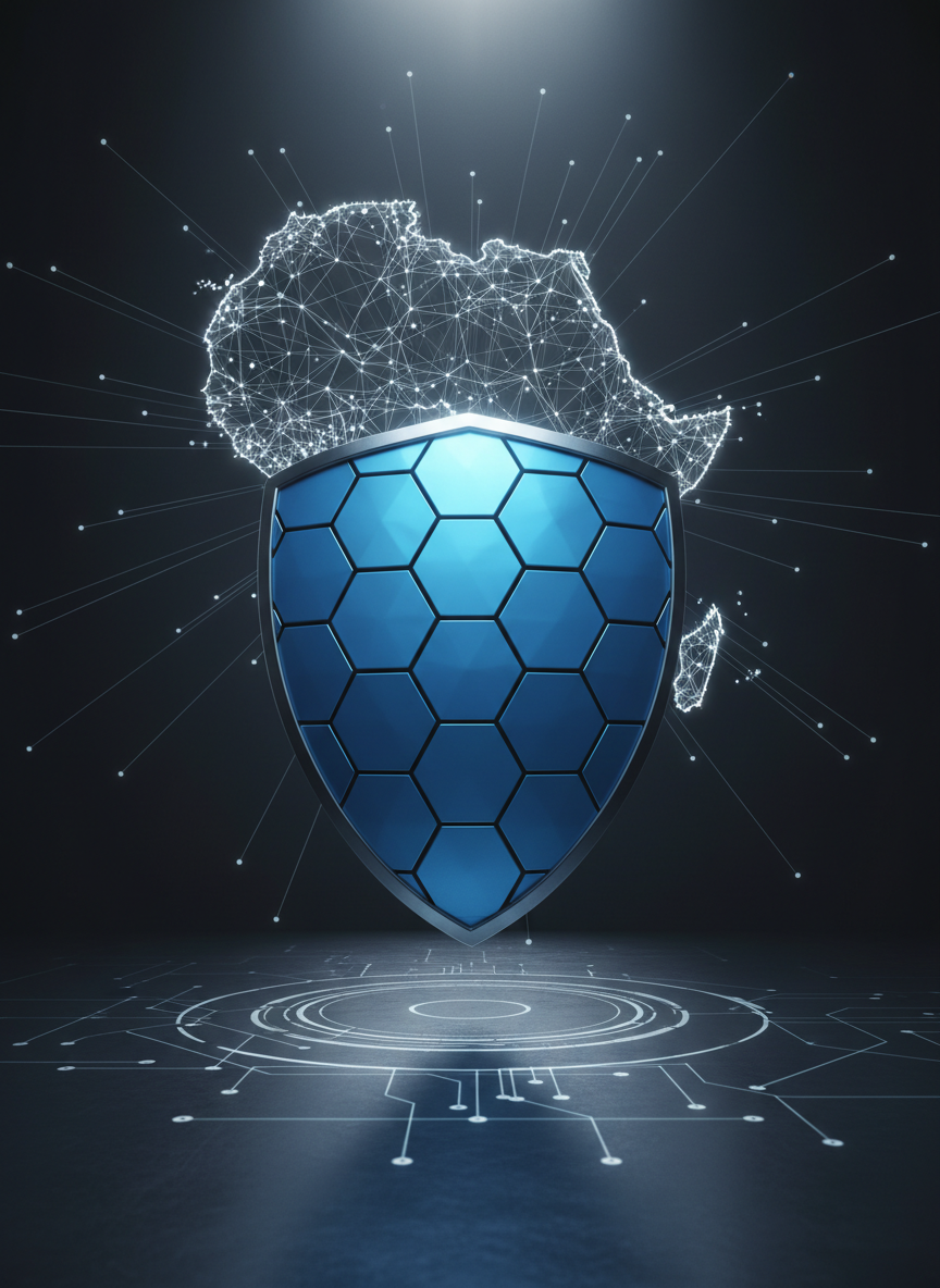 A cybersecurity concept image showing a luminous blue shield made of interlocking hexagons hovering above a metallic dark gray surface etched with faint circuit lines. Behind the shield, a stylized map of Africa in soft white glow emerges from the darkness, subtly referencing continental coverage without text. Focused, dramatic lighting from above creates bright highlights on the shield’s facets and deep, controlled shadows around the base. Photographic realism, shot from a slightly low angle with centered composition, evokes strength, trust, and advanced protection for digital systems, ideal for representing secure infrastructure, data protection, and cyber defense services.