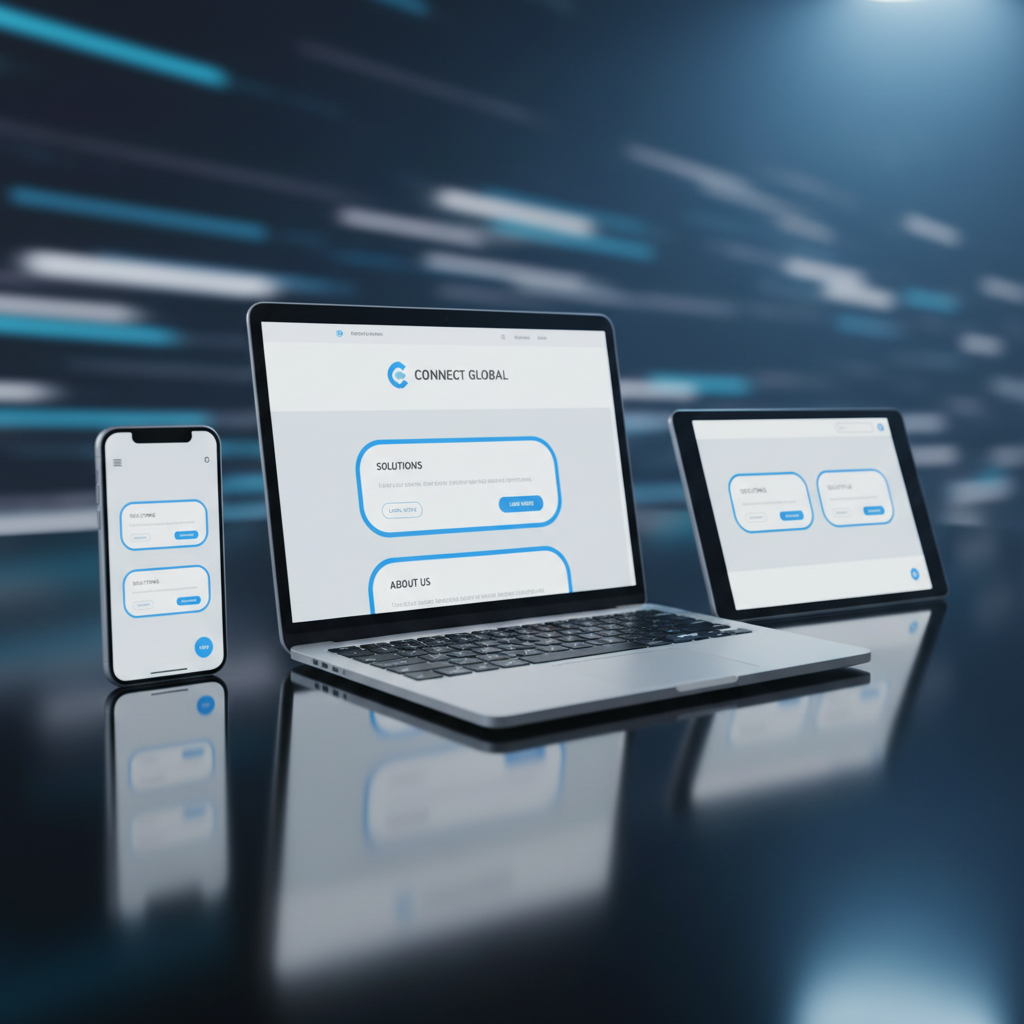 A responsive website and mobile app showcase arranged on a reflective dark glass surface, featuring a slim laptop, a vertical smartphone, and a horizontal tablet each presenting different layouts of the same blue-and-white corporate site. The screens emphasize rounded cards, clean typography, and clear call-to-action buttons. The background is softly blurred with abstract light streaks suggesting connectivity and speed. Cool studio lighting from multiple directions minimizes harsh shadows, creating a crisp, polished look. Photographic realism with a three-quarter angle and shallow depth of field conveys professional web and mobile development capabilities with a modern, international standard.