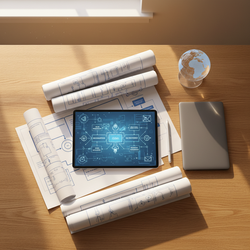 A clean, well-organized digital transformation planning desk featuring a large blueprint-style tablet displaying a flow of business processes, surrounded by printed diagrams, a slim wireless stylus, and a closed ultrabook. A small acrylic globe subtly indicates global standards and connectivity. The desk surface is light oak, contrasting with cool blue and white digital elements on the tablet. Soft morning daylight streams in from the left, creating delicate shadows and a calm, focused atmosphere. Captured from a top-down, bird’s eye view with sharp detail, the composition feels methodical and strategic, ideal for a section explaining digital transformation and IT consulting services for African businesses and NGOs.