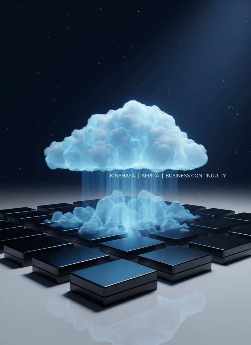 An elegant cloud solutions and backup concept where rows of neatly stacked, glossy black external drives transition visually into semi-transparent, glowing blue cloud shapes rising upward into a deep navy background. The drives rest on a polished white surface that reflects their forms with subtle clarity. A soft spotlight from the upper right creates gentle gradients on the clouds and crisp highlights on the drive edges. Photographic realism with a three-quarters composition and moderate depth of field conveys reliability, scalability, and modern infrastructure, suitable for a section describing cloud storage, backup, and business continuity for organizations in Kinshasa and across Africa.