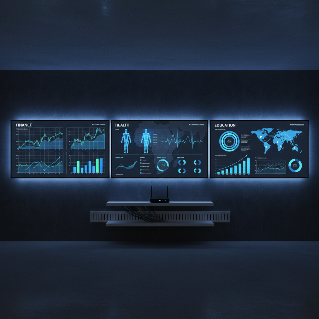 A high-tech dashboard of business analytics displayed across three frameless screens mounted on a dark matte wall, showing clean blue and white graphs, real-time metrics, and data visualizations for finance, health, and education sectors. Below, a minimalist floating shelf holds a small router and neatly organized cables in a cable management channel, emphasizing order and reliability. Discreet LED strip lighting from above and below creates a subtle halo around the screens, with a dim, studio-like ambiance. Shot straight-on with photographic realism and balanced composition, the scene communicates data collection, AI-powered insights, and decision-support systems designed for institutions and enterprises in Africa.