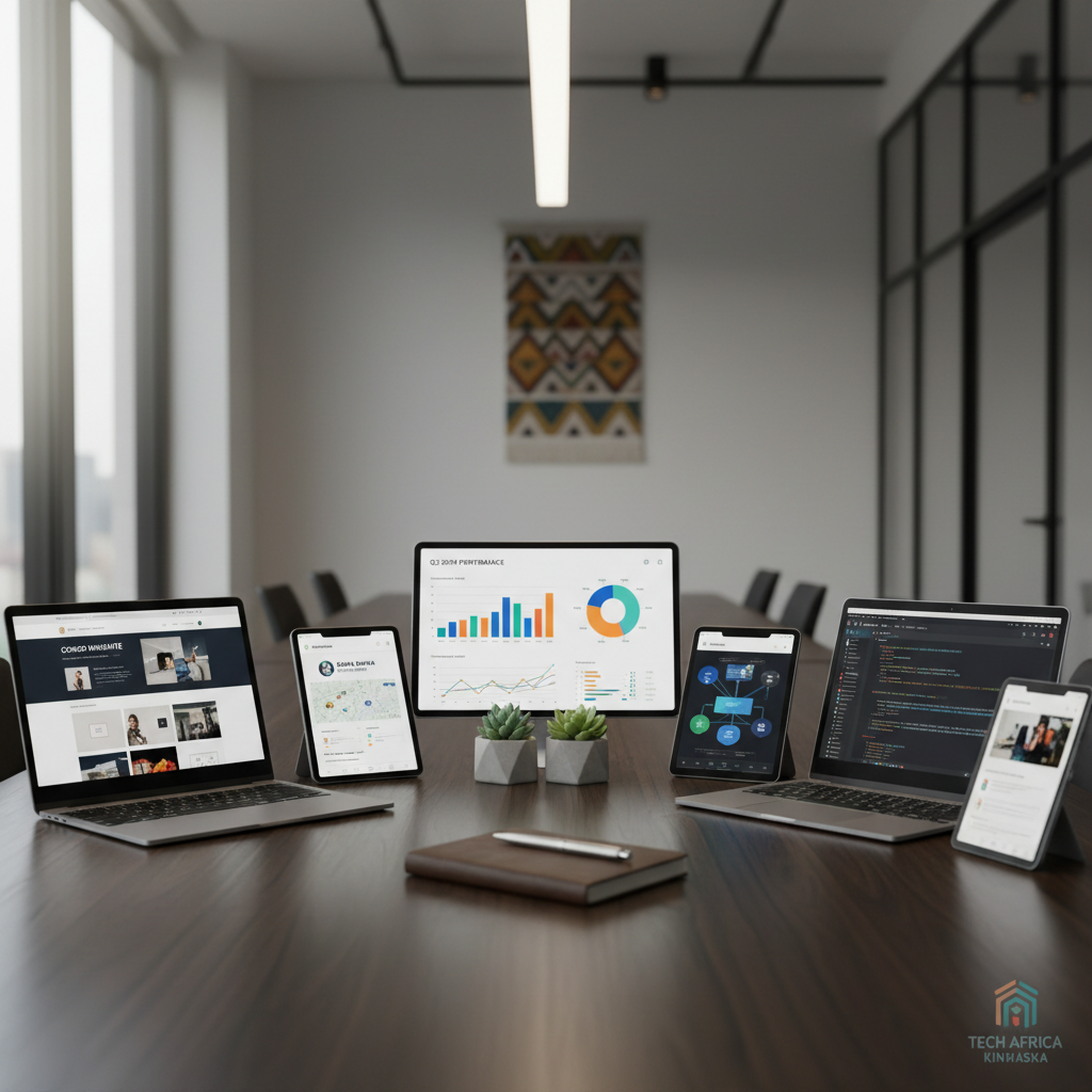 A modern technology workspace featuring multiple tablets and laptops arranged in a semi-circle on a dark wooden table, each screen displaying different digital solutions: a website layout, a mobile app interface, data analytics charts, and cloud architecture diagrams. Small potted plants and a closed notebook add subtle texture without clutter. Soft overhead LED lighting combines with faint daylight from a nearby window, creating balanced, neutral illumination with minimal shadows. Shot from a slightly elevated angle with sharp focus throughout, the composition feels organized, precise, and professional, ideal for illustrating diverse digital services and innovation from an African tech company based in Kinshasa.