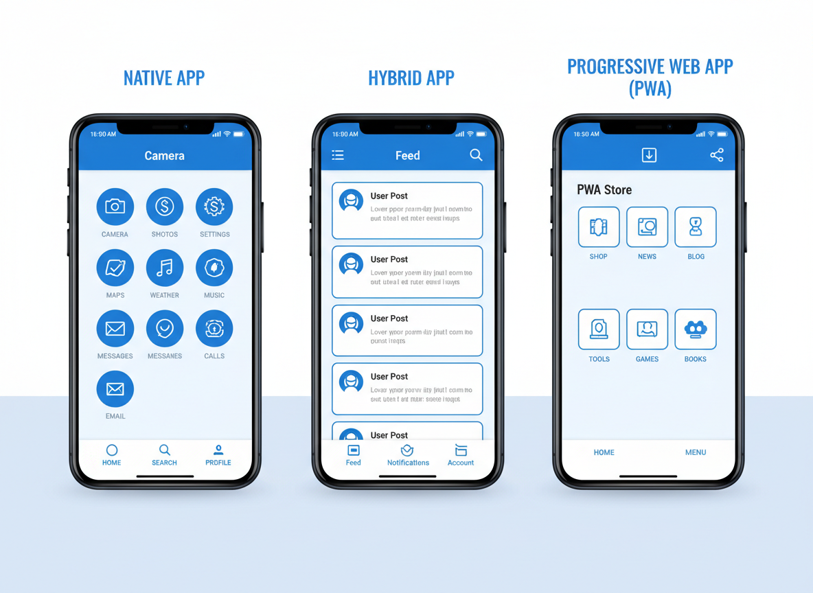 Illustration – Les différents types d'applications mobiles : native, hybride et PWA