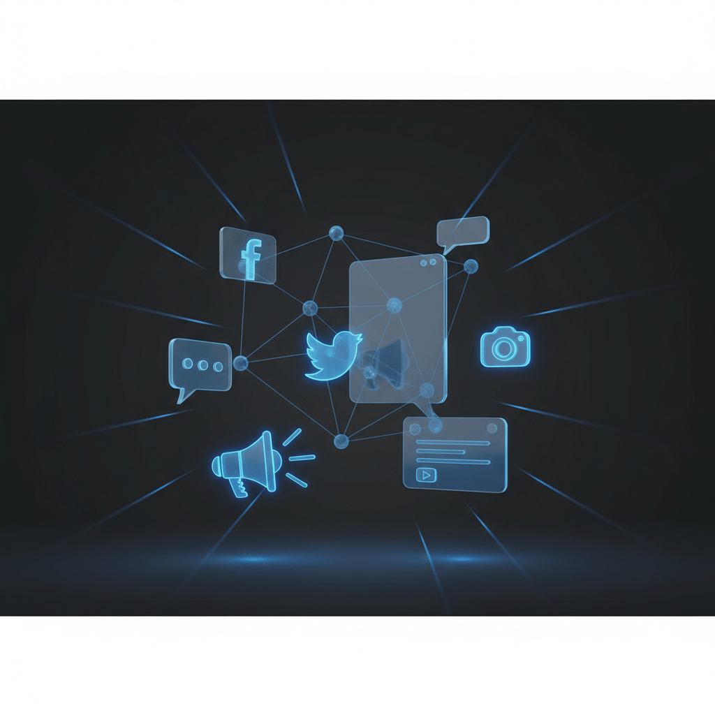 Illustration 3D de la communication digitale et des réseaux sociaux avec icônes lumineux bleus et nœuds connectés